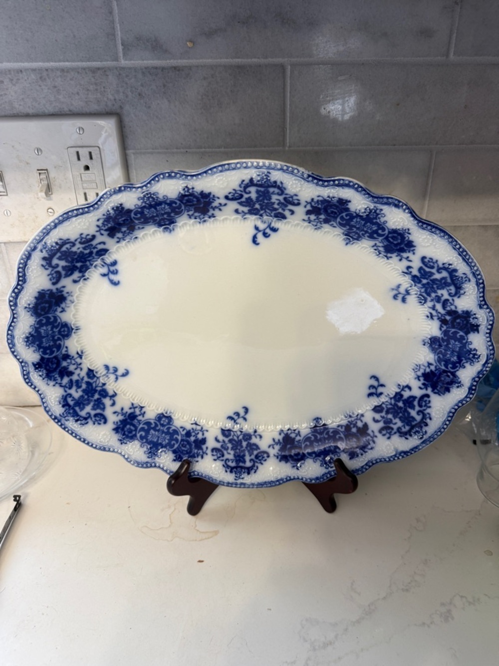 Antique flow Blue Ironstone platter 16” large oval serving dish Victorian Floral